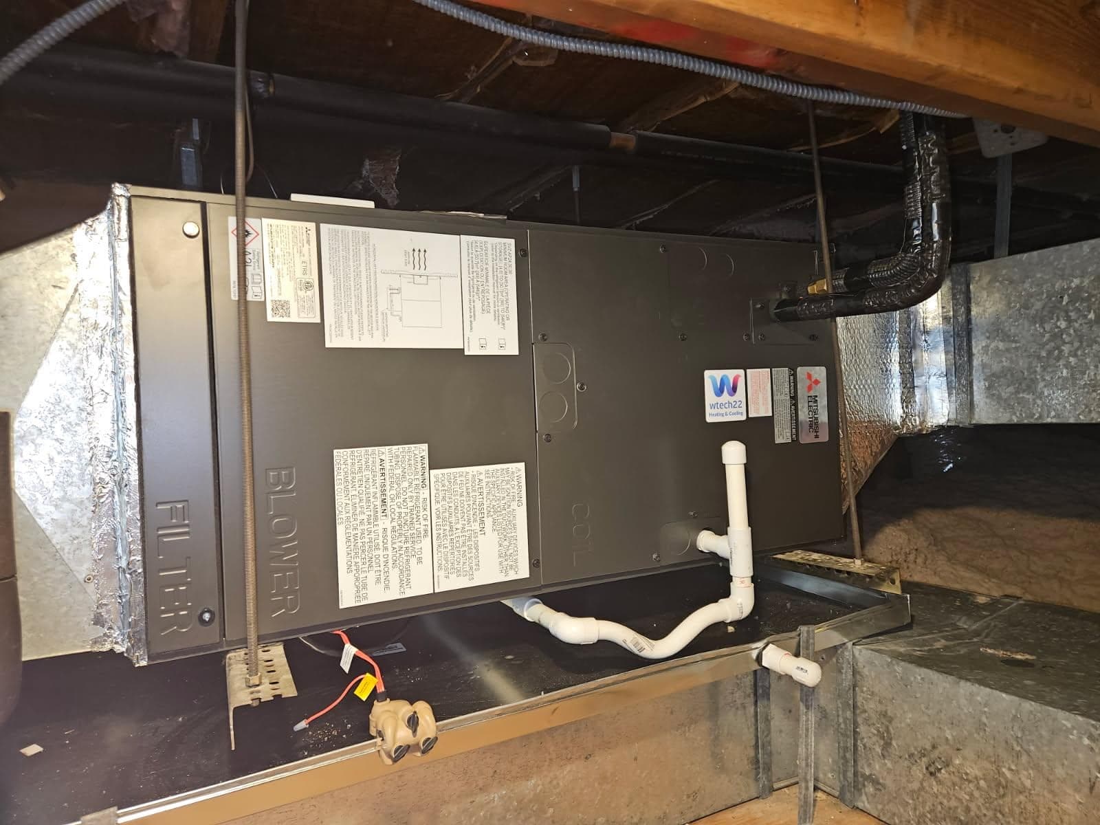 New Mitsubishi SVZ-AP36NL 36K R-454B ducted air handler installed in a Cos Cob attic
